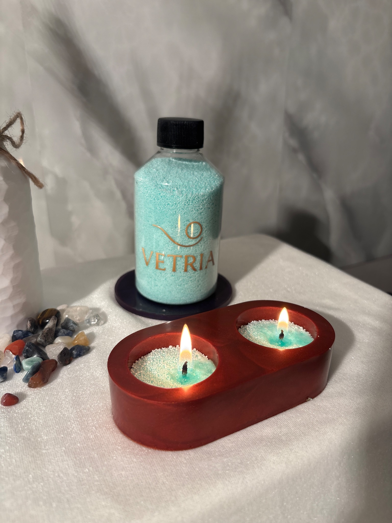 İkili Kırmızı Epoksi Mumluk – El Yapımı Dekoratif Tealight Standı | VETRIA